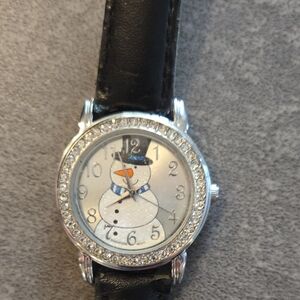 Snowman Watch with Black Leather Strap